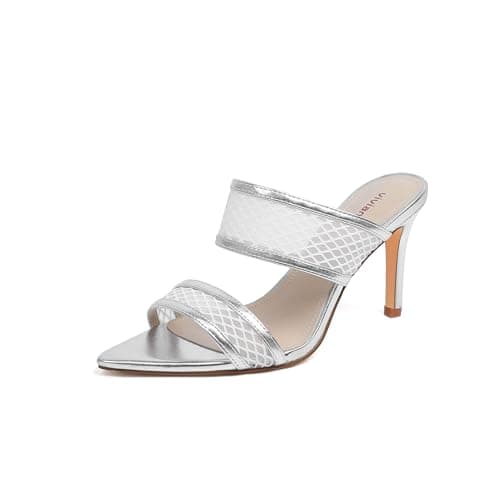 vivianly Pointed Toe Mesh Stiletto Heel Sandals Strap High Heels Slip on Mules for Women Size 7