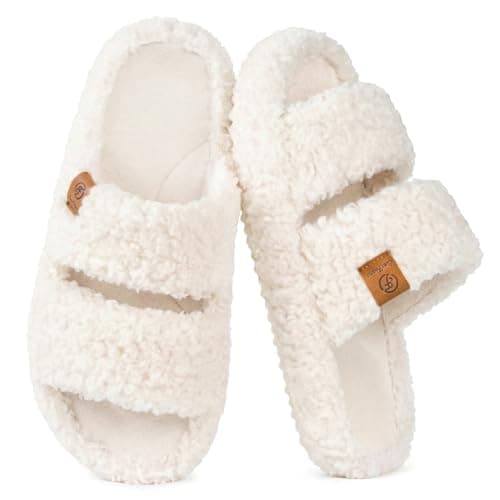 EverFoams Womens Fuzzy Open-toe Slippers Soft Comfy Memory Foam Indoor House Shoes Vanilla Ice,7-8 US