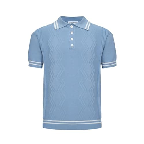 OXKNIT Men’s Knitted Vintage Polo Shirt, 1960s Mod Style Retro Polo Textures Shirt with Double Line Neck Blue