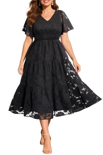 Plus Size Black Dress Women Summer Wedding Guest Midi Short Sleeve A Line Tiered Flowy Smocked Lace Floral Dresses 2024