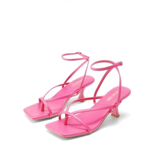 DREAM PAIRS Women's Dressy Kitten Heel Sandals, Sylvestra Strappy Open Square Toe Heels with Ankle Strap for Wedding Guest, Parties and Special Occasions,Size 6.5,Hot Pink-Pu,SDHS2405W