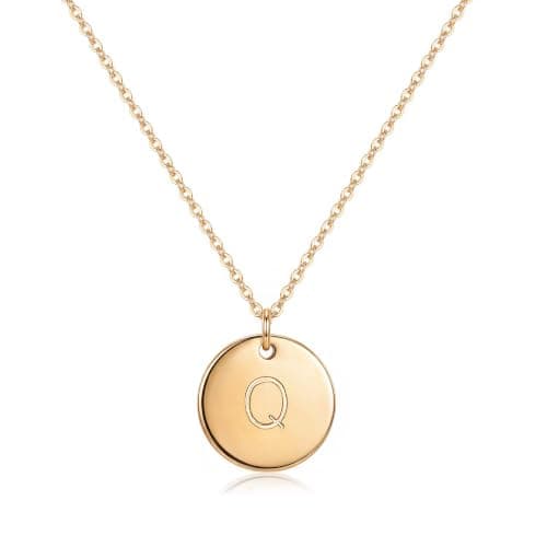 Gold Plated Letter Necklace for Women – Round Disc Pendant Necklace with "Q" Initial, Dainty Minimalist Gold Necklace with 16.5"+2" Adjustable Cable Chain, Perfect Birthday & Graduation Gift for Her