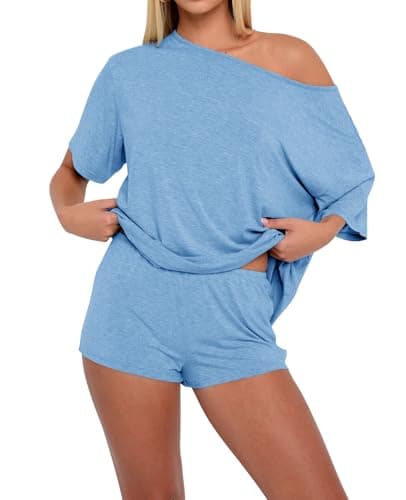 Lacozy Women Off Shoulder Pajama Set 2 Piece Lounge Summer Oversized Shirt and Shorts Outfits Sexy Sleepwear Light Blue S