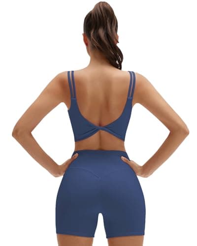 SUUKSESS Womens Workout Set Fitness Yoga Pilates Crop Tank Twist Back Cami High Waisted Tummy Control Bike Short (Sea Blue, M)