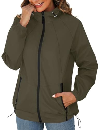 Rain Jackets for Women Waterproof Raincoats Outdoor Waterproof Rain Jacket Hooded Winbreaker Army Green L
