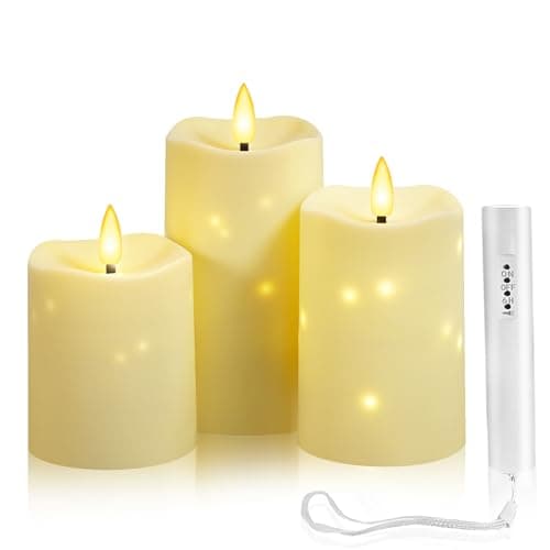 Flameless Candles Embeded Twinkle Starlight, Waterproof LED Flameless Candles with Remote, Plastics Realistic Pillar Candles for Home Decor, Outdoor Garden, Patio Decor 3pcs(Ivory)