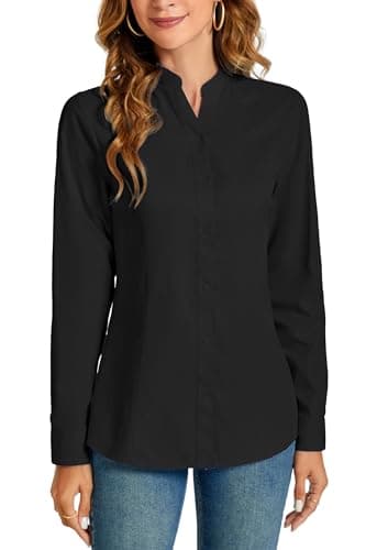 HOCAIES Women's Button Down Shirt Elegant Long Sleeve Mandarin Dress Shirt Black Business Work Wear Casual Tops (X-Small, Black02)