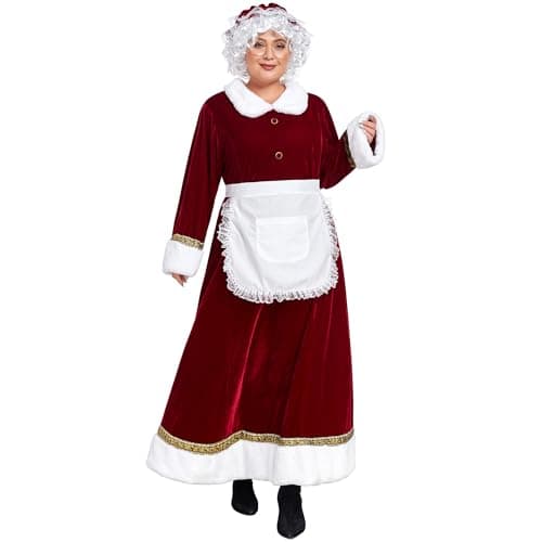 VAPICK Mrs. Claus Costume for Women Santa Costume Adult 5PCS Plus Size Deluxe Velvet Chirstmas Santa Dress Outfit (Medium)