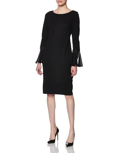 Calvin Klein Womens Chiffon Bell Sleeve Sheath Dress, Black, 6