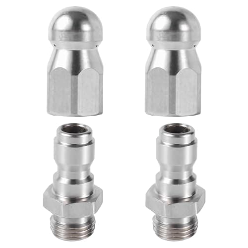 NQEUEPN 4pcs Sewer Jetter Nozzle & 1/4" NPT Quick Connector, Stainless Steel, 5000 PSI, 1 Front Jet & 3 Rear Jets, Silver, Sewer Cleaning Tool