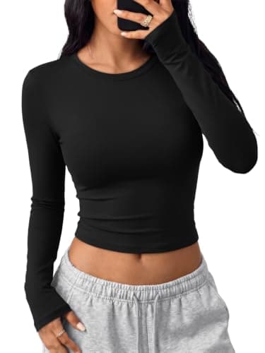 Trendy Queen Womens Long Sleeve Crop Tops Y2K Basic Shirts Black XS