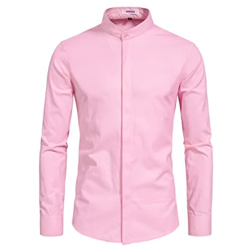 VANCOOG Men's Mandarin Collar Cotton Blended Casual Long Sleeve Regular Fit Stylish Party Trendy Shirt-Pink-2XL