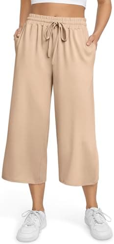 TARSE Women's Petite Yoga Pants Capri Length Sweatpants Casual Wide Leg Loose Soft Pajamas with Pockets (LightKhaki,S)