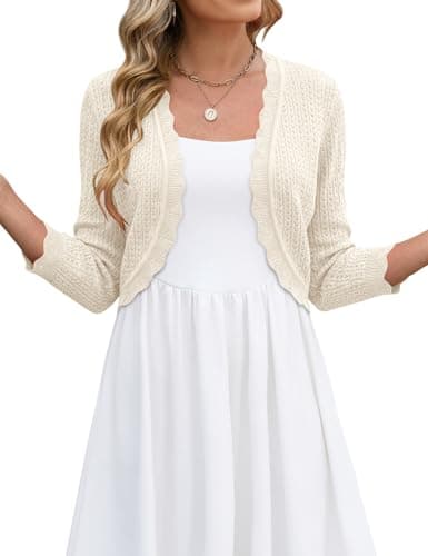 LOMON Womens 3/4 Sleeve Cropped Cardigan for Women Bolero Shrug Light-Weight Open Front Crochet Knitted Sweater, XXL Beige