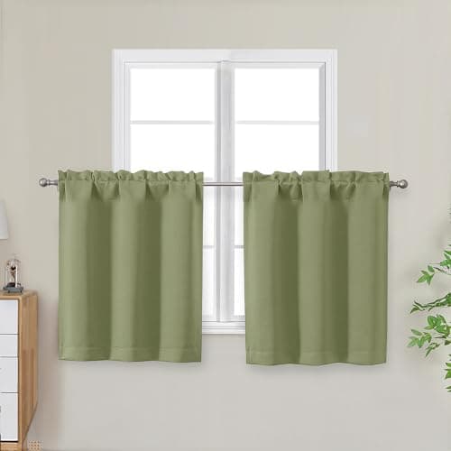 OWENIE Sage Green Short Blackout Curtains Tier 24 Inch Length, Small Kitchen Curtain Rod Pocket Privacy Half Window Curtains for Bathroom Basement Cabinet Camper RV Bunk, 2 Panels, Each 30" Wx24 L