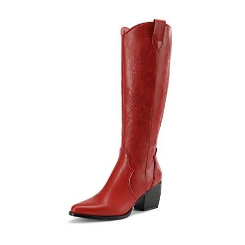 DREAM PAIRS Womens Cowboy Boots Wide Calf Comfortable Pull On Zipper Chunky Heel Pointed Toe Embroidered Western Cowgirl Knee High Boots Ladies Retro Tall Boot,Size 5,Red,SDKB224W