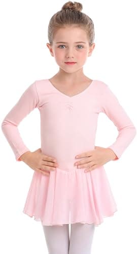 MdnMd Classic Long Sleeve Leotard with Skirt for Girls Toddler Ballet Dance Ballerina Dress (Ballet Pink, 10-12 Years)