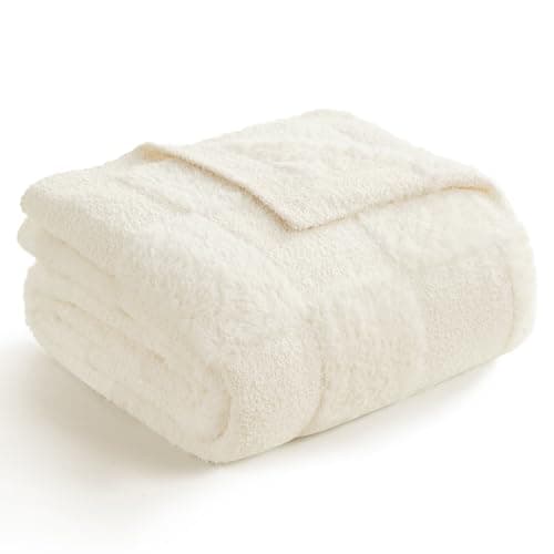 Snuggle Sac Checkered Throw Blanket Faux Fur Microfiber Blankets for Couch,Cozy Soft Warm Blanket for Sofa Bedroom Living Room,Solid Ivory,50x60 inches