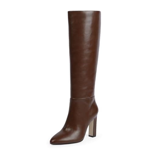 VIUGJNEX Women's Knee High Boots Almond Toe Block Heel, Brown, 7