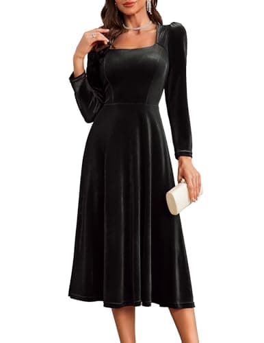 BeryLove Velvet Midi Dress Cocktail Party Formal Gowns Evening Party Christmas Dresses Long Sleeve Winter Wedding Guest Dress 001 Black 2XL