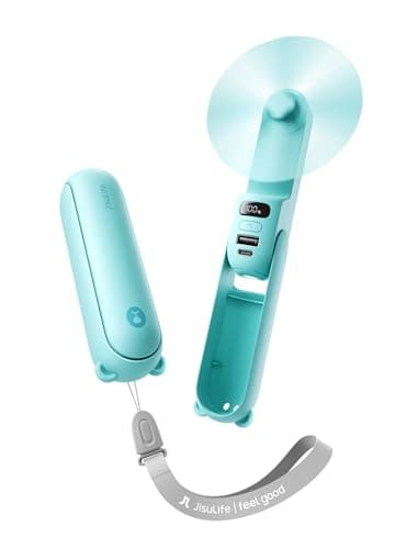 JISULIFE Portable Handheld Fan, 3 In 1-Fan, Power Bank, Flashlight, Cyan