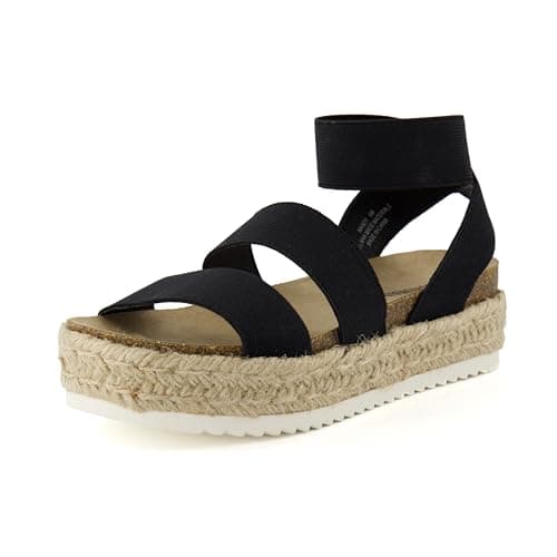 CUSHIONAIRE Mandy Strappy Espadrille Platform Sandals for Women with Low Wedge Heel, Black 8.5
