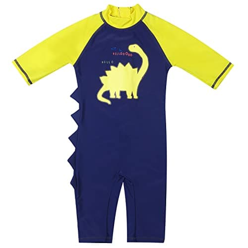 LIZENS Boys' Swimwear One Pieces Toddler Rash Guard Short Sleeve Dinosaur Swimsuit (Blue, 4-5T)