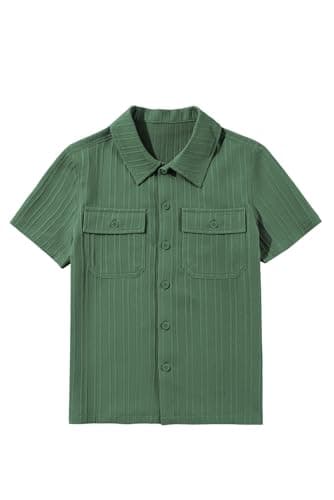 blibean Boys Button Down Shirts Kid Summer Short Sleeve Dress Dressy Shirt 2025 Fashion Collared Photo Picture Uniform School Clothes Size 12-13 Year Old Green
