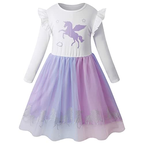 VASCHY Unicorn Tulle Dress for Girls, Cute Casual Autumn Spring Long-Sleeve Party Ruffle Sleeve Outfit, Toddler/Little/Big Kid Girls Clothing Size 4-5T Sparkly Lavender