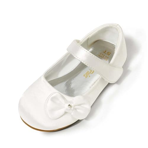 DREAM PAIRS Toddler Girls Dress Shoes Mary Jane Flats, Girls School Uniform Flats Bow Ballerina Shoes,Size 4 Toddler,White/Satin,Angel-5