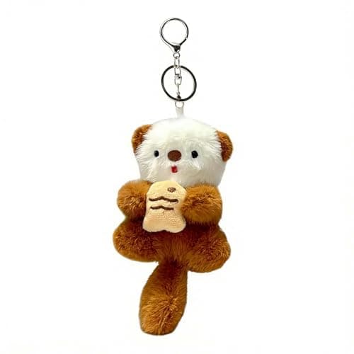 ZOONAI Cute Otter Plush Keychain for Backpack, Small Stuffed Animals Bag Purse Charm Decoration for Women Girls (Silver Clip-Deep Brown)