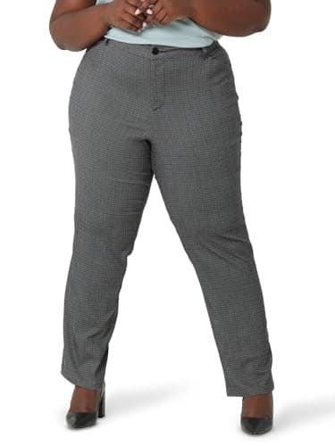 Lee Women's Plus Size Wrinkle Free Relaxed Fit Straight Leg Pant, Black/White Rockhill Plaid, 26 Plus Long