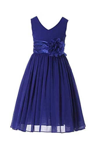 Bow Dream Flower Girl Dress Junior Bridesmaids V-Neckline Chiffon Royal Blue 12