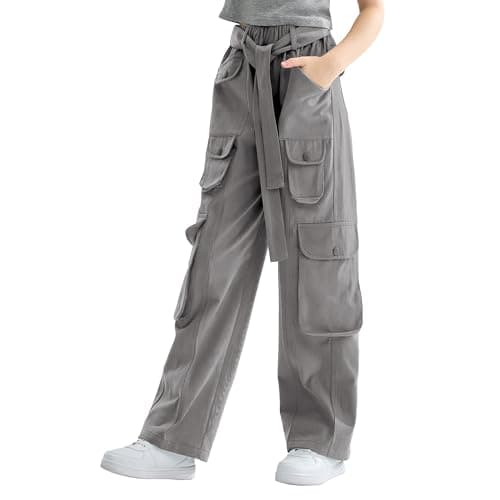 Rolanko Big Girls Kids Baggy Cargo Pants Y2K High Waist Casual Wide Leg Cargo Trousers with Multi Pockets (Grey, 12-14)