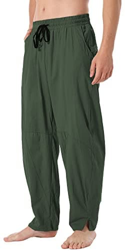 CLANMILUMS Men's Cotton Linen Pants Casual Drawstring Summer Beach Loose Trousers (Small, Green)