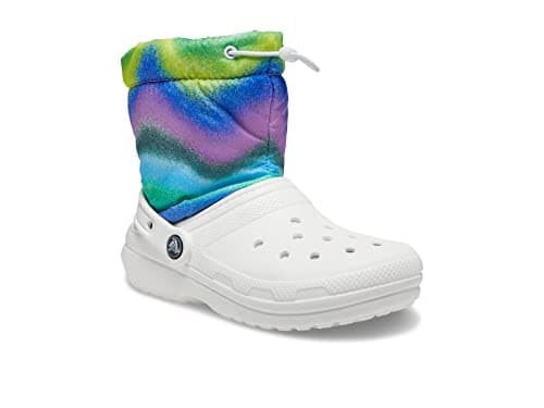 Crocs Unisex-Child Classic Lined Neo Puff Boots | Fuzzy Winter Boots, White/Multi, 1 Little Kid