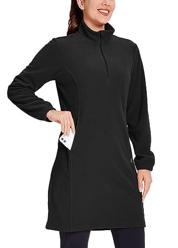 Willit Women's Fleece Dress Sweatshirt Thermal Long Pullover Polar Winter Dress with Pocket Black XXL