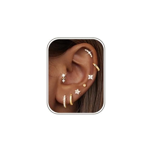 M MOOHAM 14K Gold Plated Earrings Stack for Women, Hypoallergenic Flat Back Cz Studs Earrings Dainty Hoop Cartilage Earring Set for Multiple Piercing, Jewelry Gifts for Women