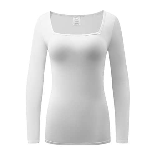 OThread & Co. Women's Long Sleeve T-Shirt Comfy Square Neck Shirts Basic Stretch Layer (Medium, White)