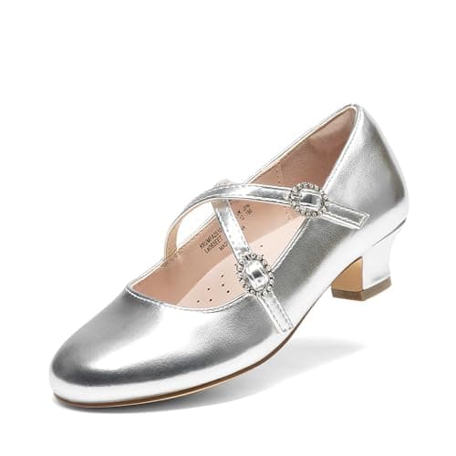 DREAM PAIRS Girls Dress Shoes Mary Jane High Heel Round Toe Straps Pumps Flower Wedding Party Princess Flats for Little/Big Kids,Size 2 Little Kid,Silver,KKUMFA2510