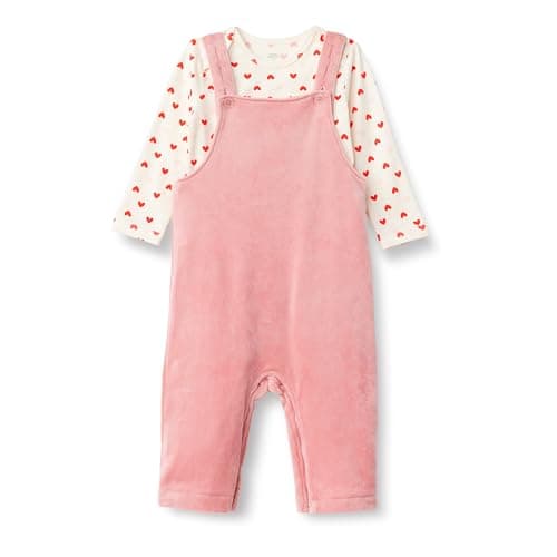 Amazon Essentials x Sofia Grainge Unisex Babies' Velour Overall and Long Sleeve Bodysuit Set, Pack of 2, Blush/Hearts, 18 Months