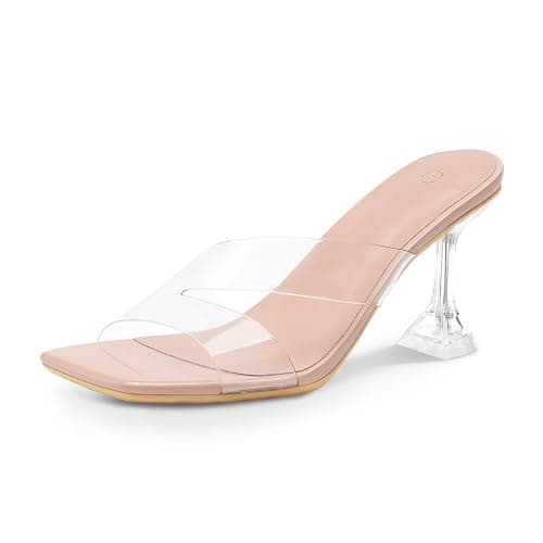 mysoft Women's Clear Heeled Sandals Square Toe Transparent Stiletto Mules Open Toe Slip on Dress Shoes