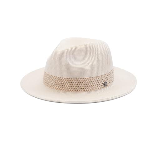 Pineapple&Star Sun Straw Fedora Beach Hat Fine Braid UPF50+ for Unisex (Large, Off-White Amiens)