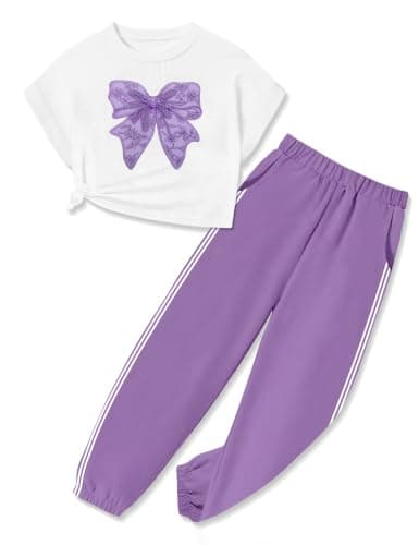 CRISONE Girls Clothes Size 9-10 Year Old Clothes for Girls Cool Girl Crop Tops Bow Print T-Shirt Purple Pants Trendy Summer Girl 2 Piece Outfits