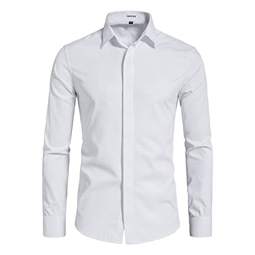 VANCOOG Young Men's Long Sleeve Casual Interview Formal Subdeued Dress Shirt Clearance-White New-2XL