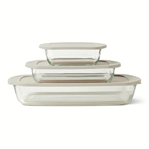 Amazon Basics Glass Baking Dishes with BPA-Free Lids, 6-Piece Bakeware Set, Borosilicate Glass, Oven-Safe up to 752°F, Non-Slip and Stackable, Dishwasher-Safe, Linen Gray