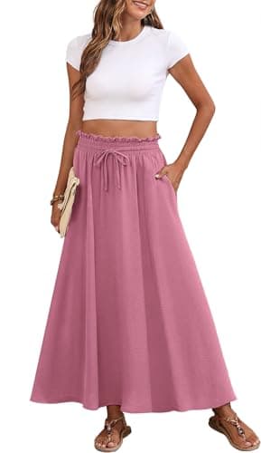 Askyes Womens Skirts Summer High Waisted Casual Work Tie Knot Flowy Swing Long Skirts with Pockets,Peach Red,XL