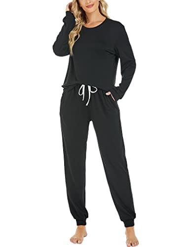 LOCUBE Women's Pajama Set, 2-Piece Long Sleeve Soft Relaxed Fit Lounge Set with Drawstring Pants and Pockets (Black 3, XX-Large)