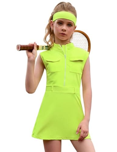 Perfashion Tennis Dress for Teen Girls Golf Neon Green Dress Workout Tennis Outfit with Bra A Line Skirts Size 12 13