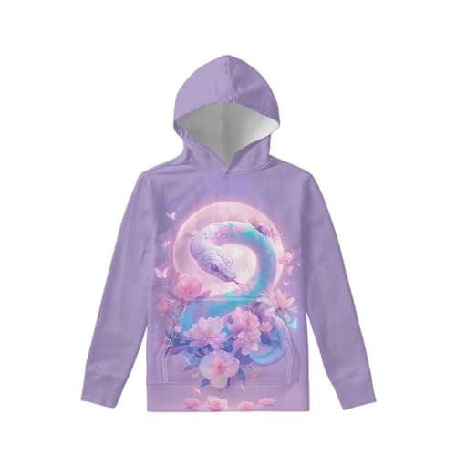 WELLFLYHOM Snake Moon Girls Hooded Sweatshirt Size 8-10 Long Sleeve Hoodies Shirt Pullover Top Cherry Blossom Active Sweater Shirts Purple Loose Comfy Athletic Kids Sweater